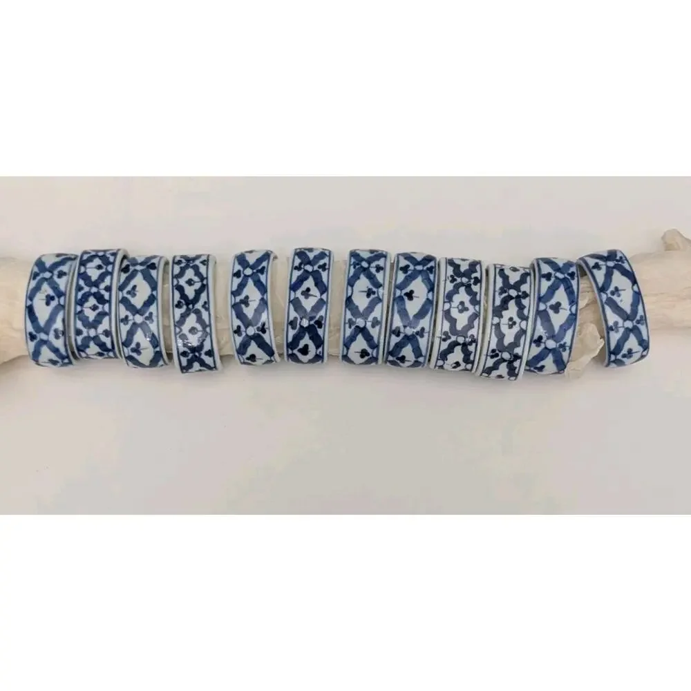 Blue White Porcelain Napkin Rings Set of 12 !! Vintage Hand Painted